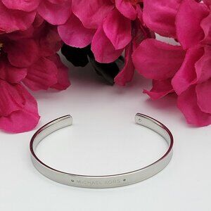 Michael Kors Silver Tone Logo Open Cuff Bracelet Tiny Diamond Accent 6.5"
